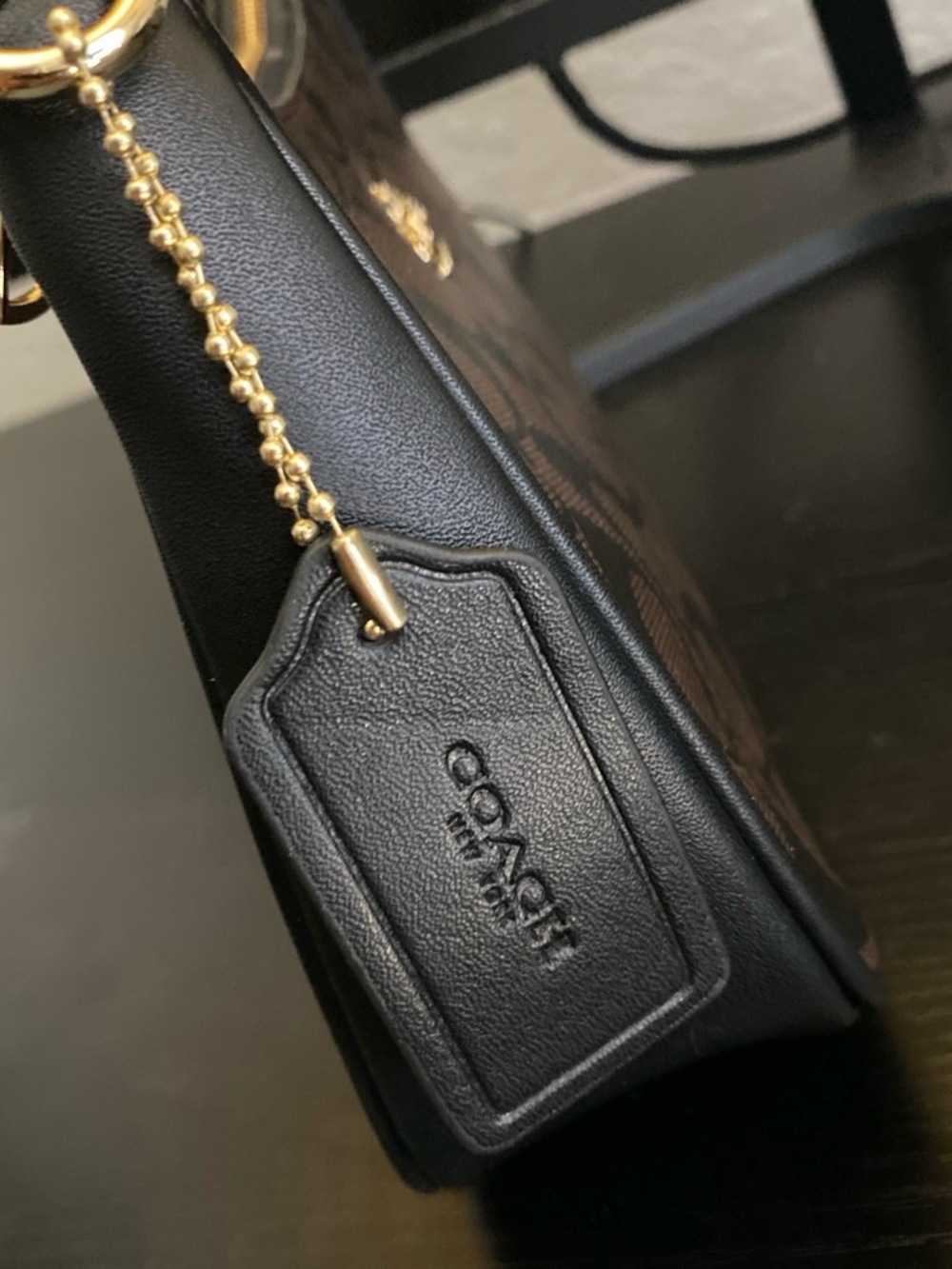 Coach Black Signature Canvas Shoulder Bag with Gold Hardware